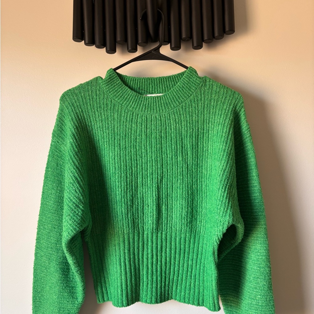 Pink Rose Bright Green Ribbed Crewneck Sweater